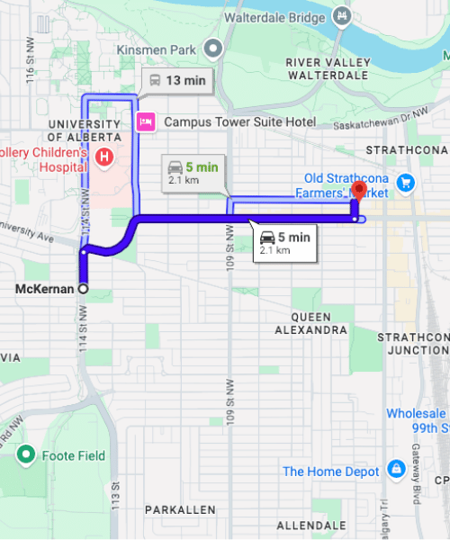 Directions from McKernan to Strathcona Dental Clinic
